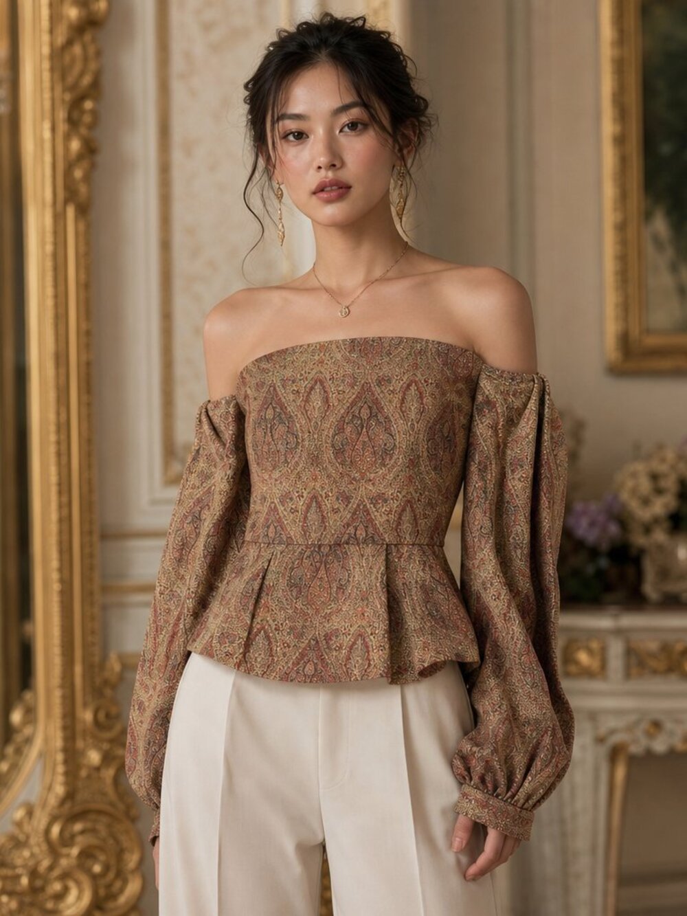 Express Off‑Shoulder Paisley Top – Rust & Gold – Evening Elegance – Size 00